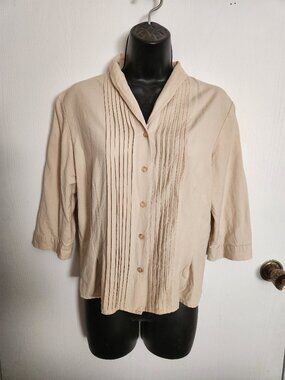 Anna and Frank Silk Beige 3/4 Sleeve Pintuck Button-Up Top